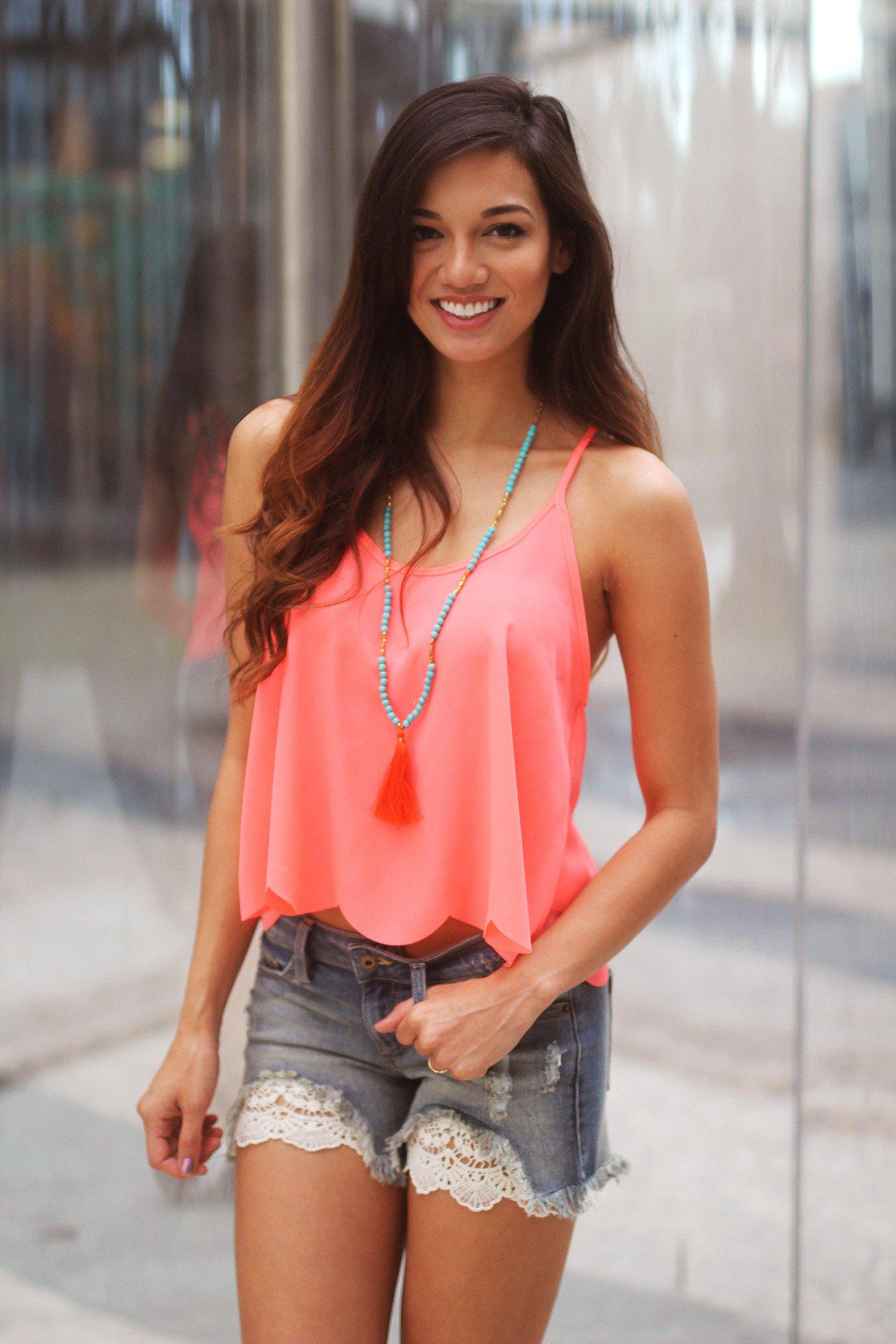Neon Coral Top with Scalloped Cut Back