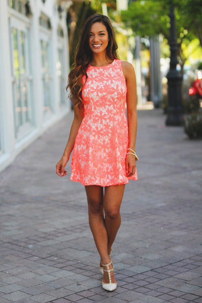Neon Coral Crochet Dress with Tie Back