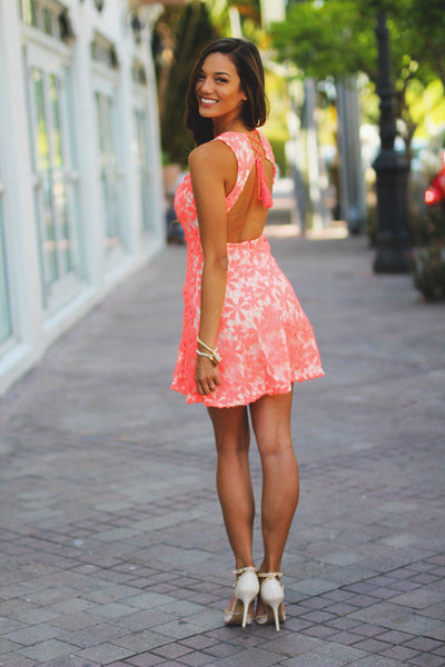 Neon Coral Crochet Dress with Tie Back