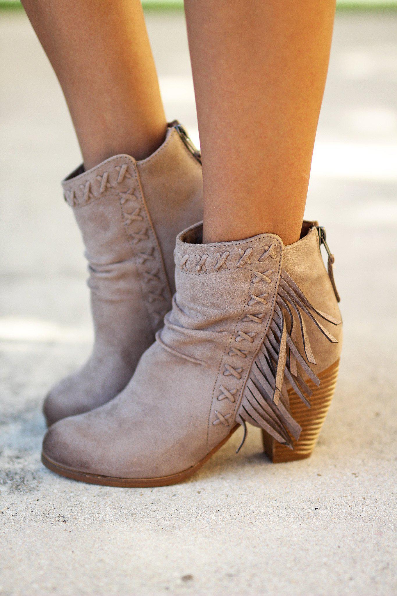 taupe fringe booties