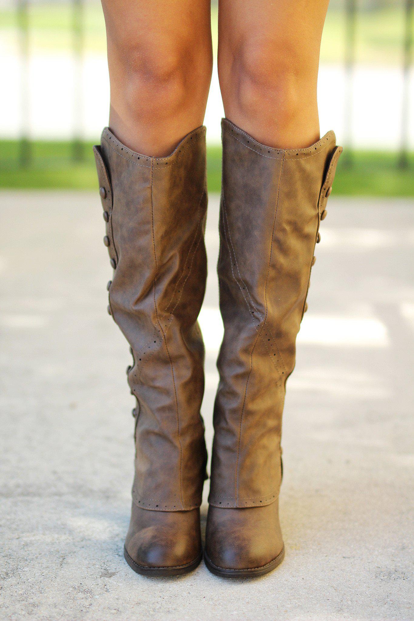 Taupe Button Detail Tall Boots | Fashion Boots | Taupe Boots â Saved by the Dress