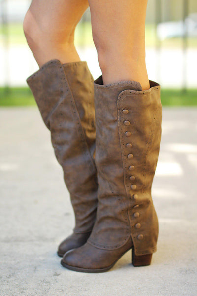Taupe Button Detail Tall Boots