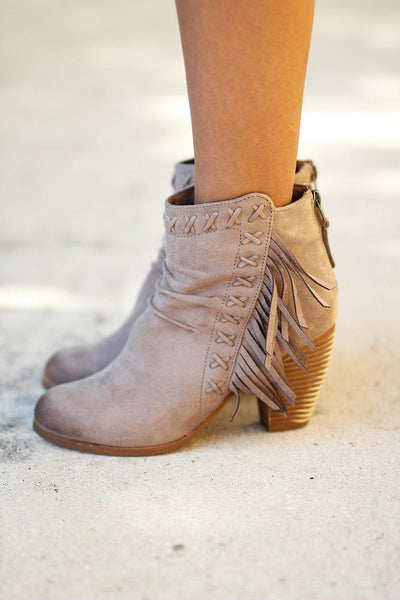 fringe taupe booties