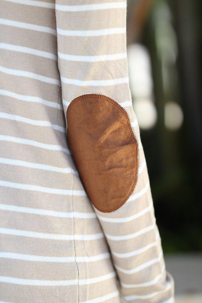 Oatmeal Striped Cardigan with Elbow Patches