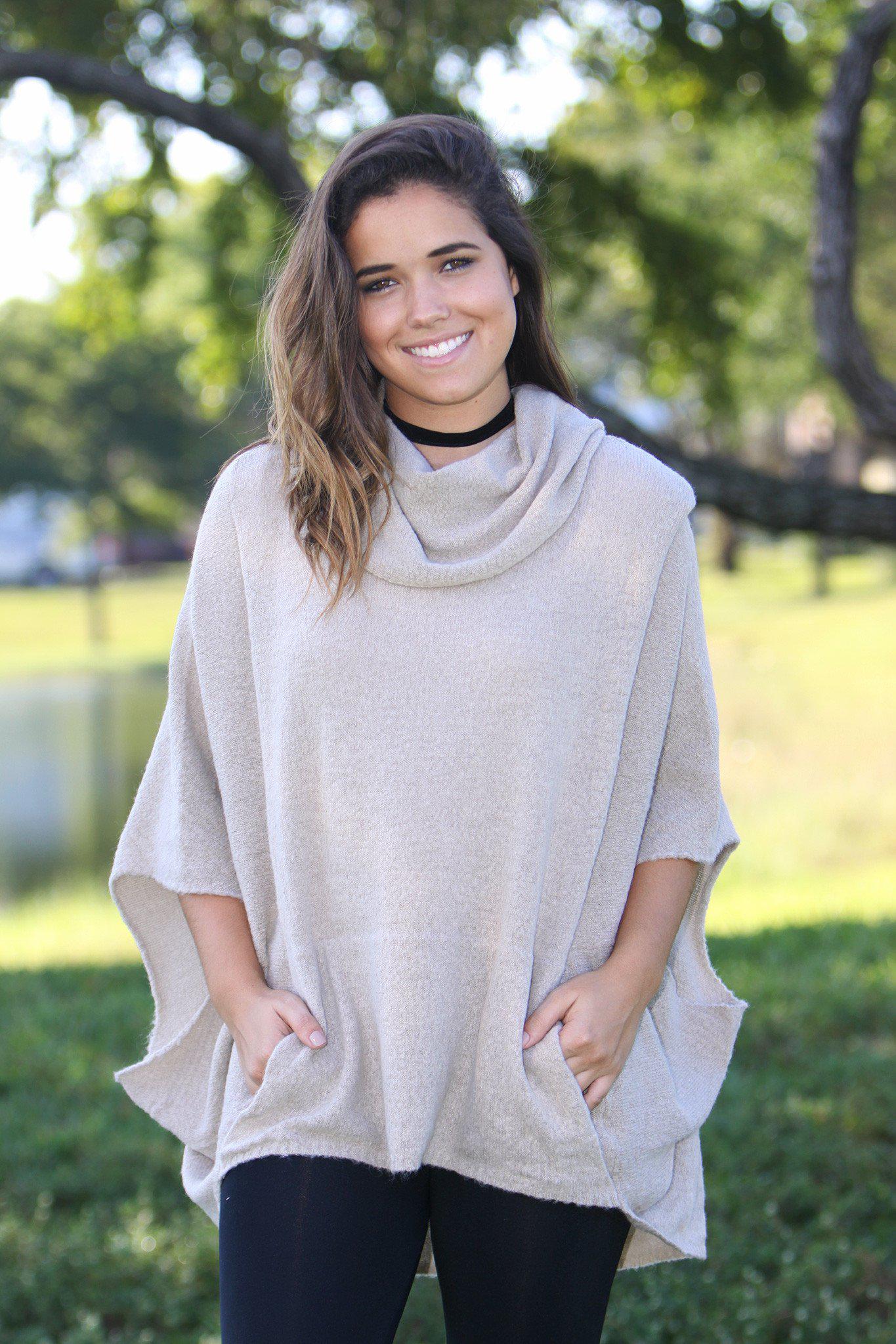 Oatmeal Poncho Cowl Neck Sweater
