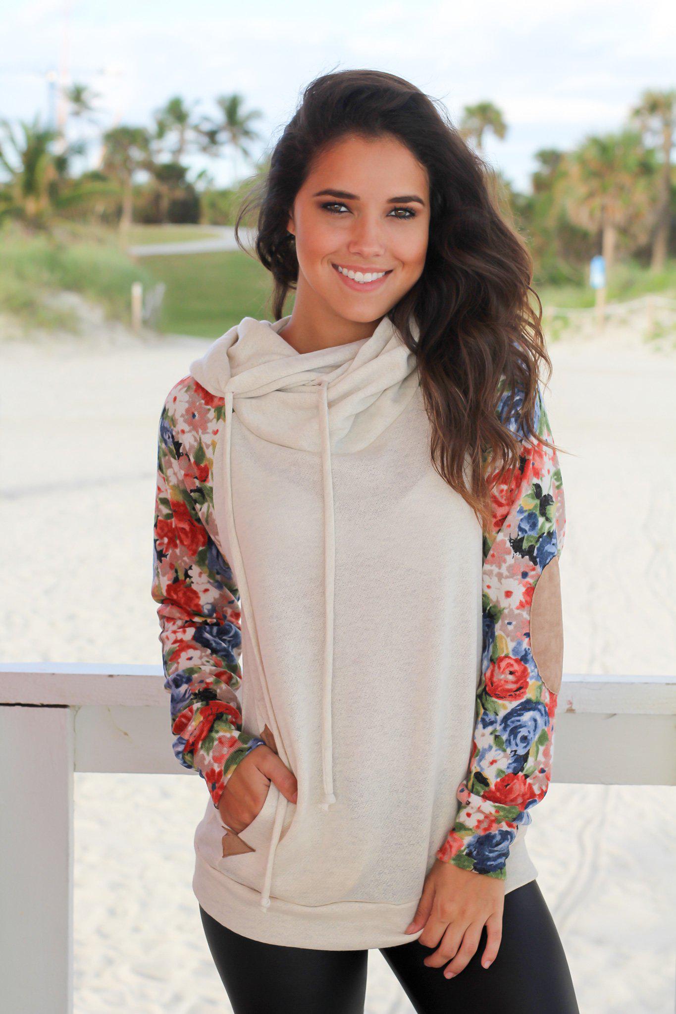 Oatmeal Hoodie with Floral Sleeves
