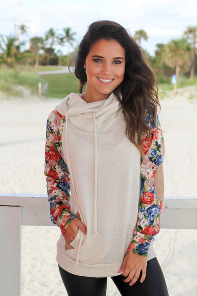 Oatmeal Hoodie with Floral Sleeves