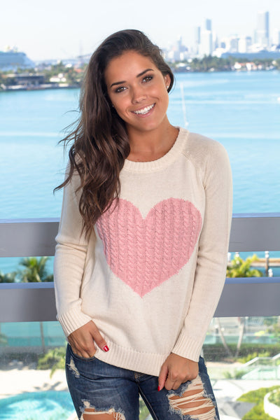 Oatmeal Knit Sweater with Heart Detail