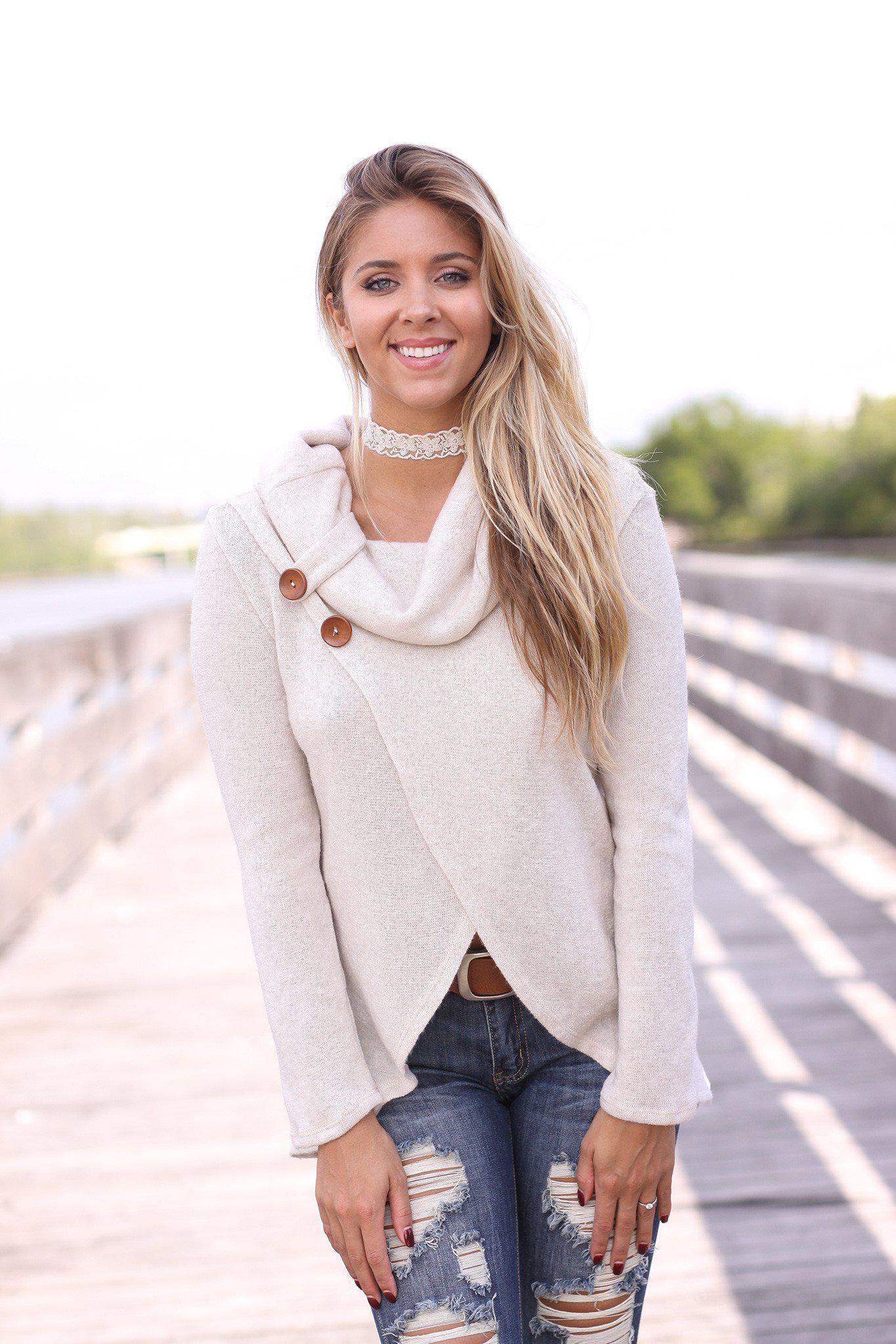 Oatmeal Long Sleeve Cowl Neck Top