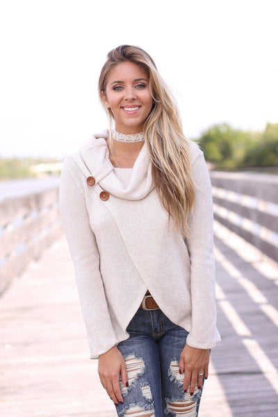 Oatmeal Long Sleeve Cowl Neck Top