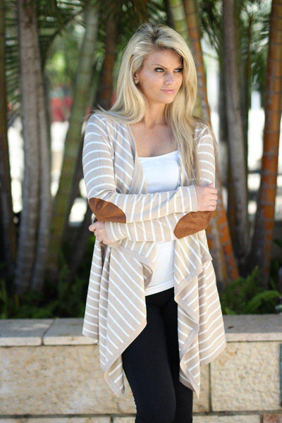 Oatmeal Striped Cardigan with Elbow Patches