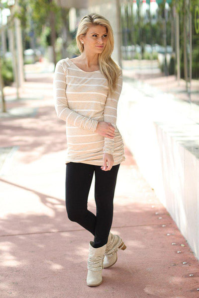 Oatmeal Striped Ruched Top