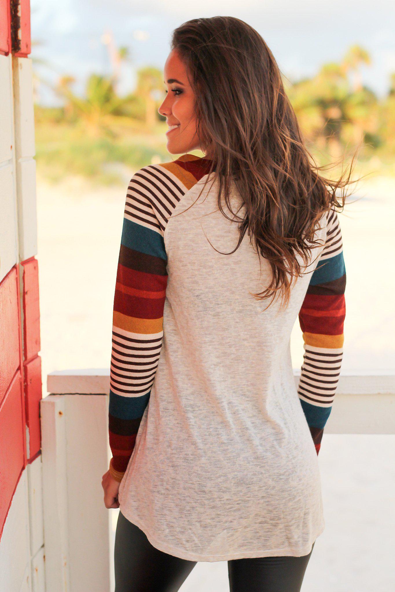 Oatmeal Top with Multi Colored Striped Sleeves