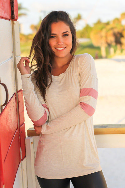 Oatmeal Top with Pink Striped Sleeves