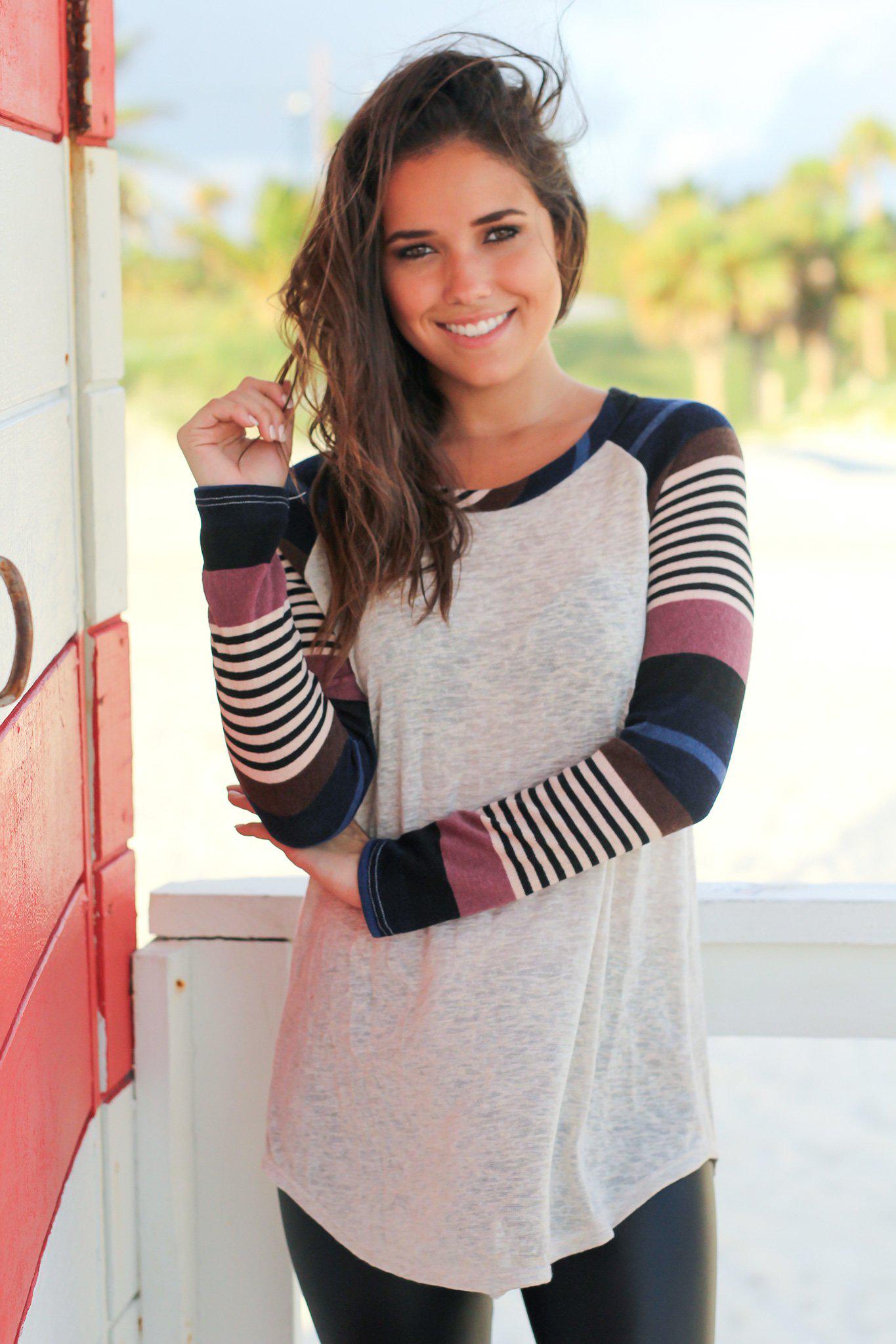 Oatmeal Top with Purple and Blue Striped Sleeves