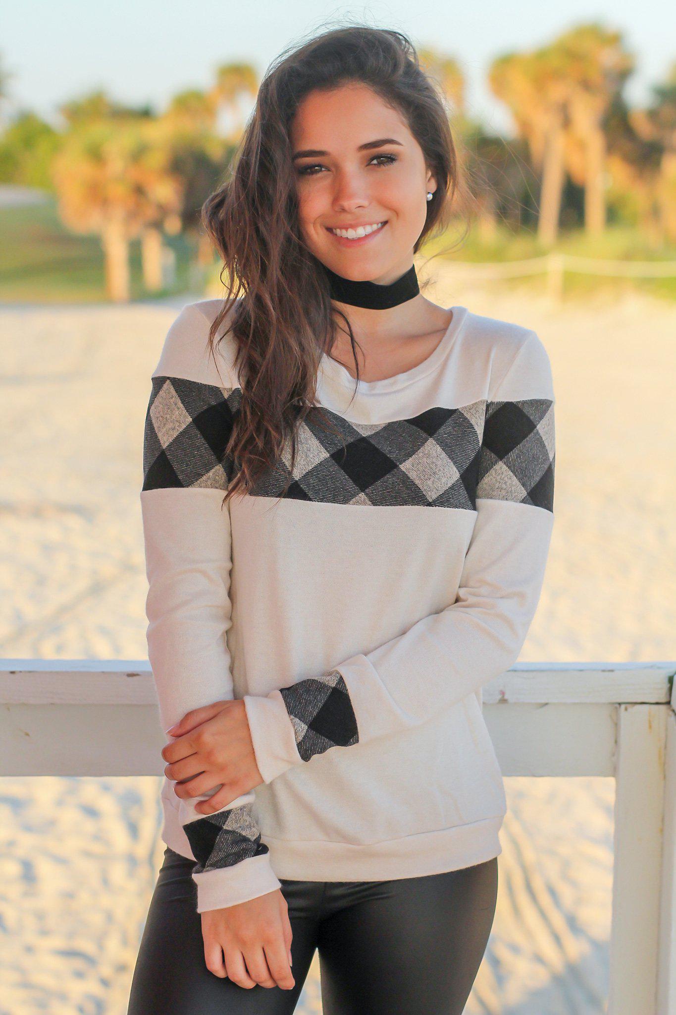 Oatmeal and Black Long Sleeve Top