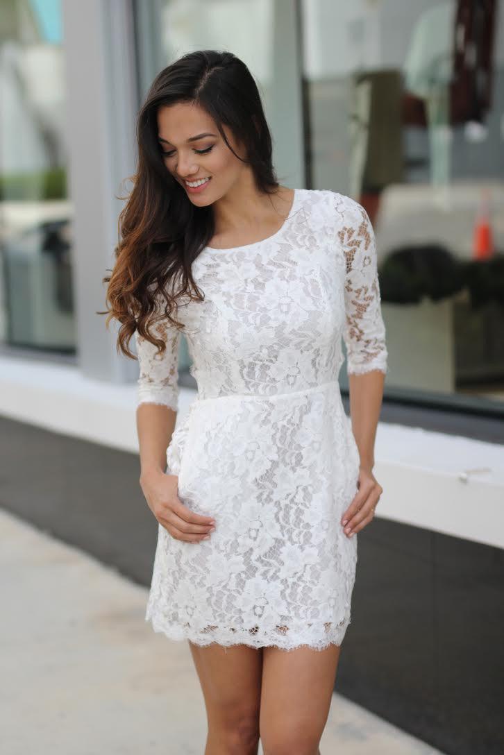 knee length dresses for ladies Off-White Lace Short Dress with Pockets
