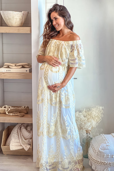 Off White Off Shoulder Gold Mesh Maternity Maxi Dress