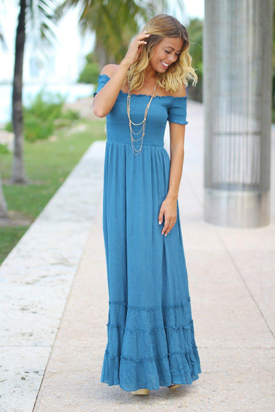 Blue Off Shoulder Maxi Dress