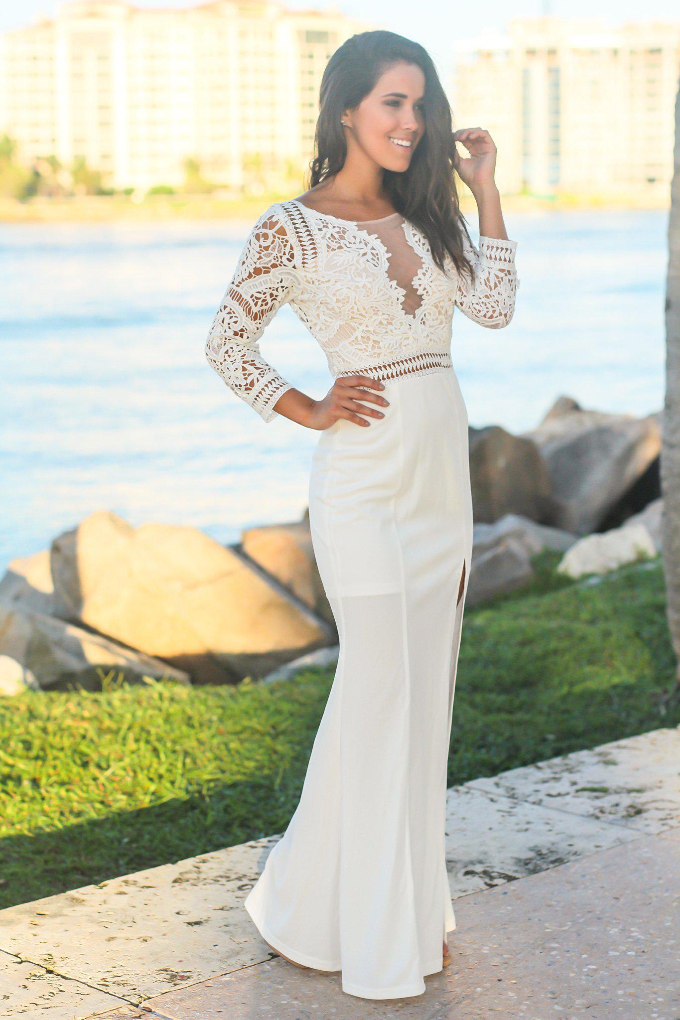 Off White Crochet Top Maxi Dress with 3/4 Sleeves and Side Slit