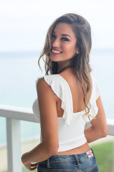 Off White Crop Top with Ruffle Detail