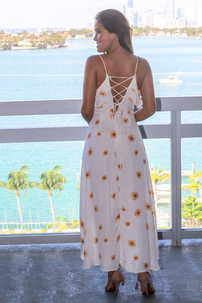 Off White Floral High Low Dress with Lace Up Back