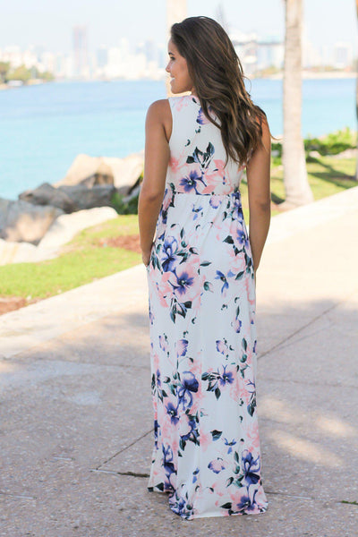Off White Floral Racerback Maxi Dress with Pockets