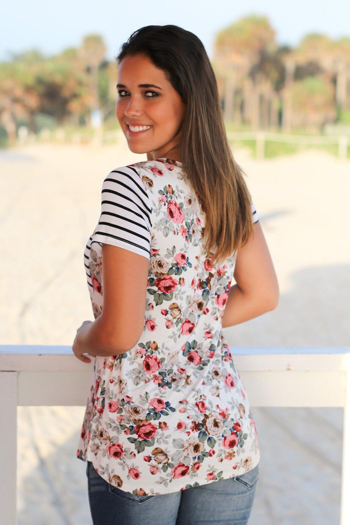 Off White Floral Top with Striped Sleeves | Cute Tops – Saved by the Dress