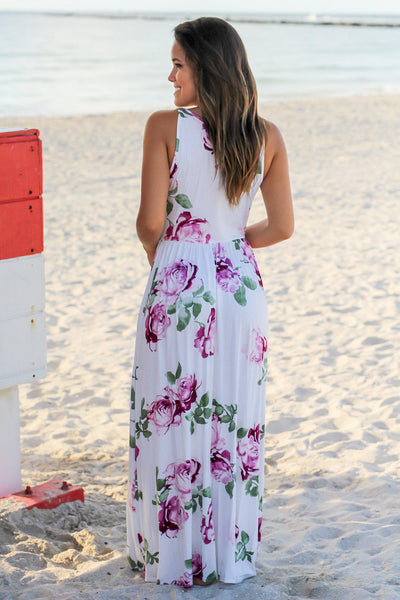 Off White Maxi Dress with Purple Floral Print