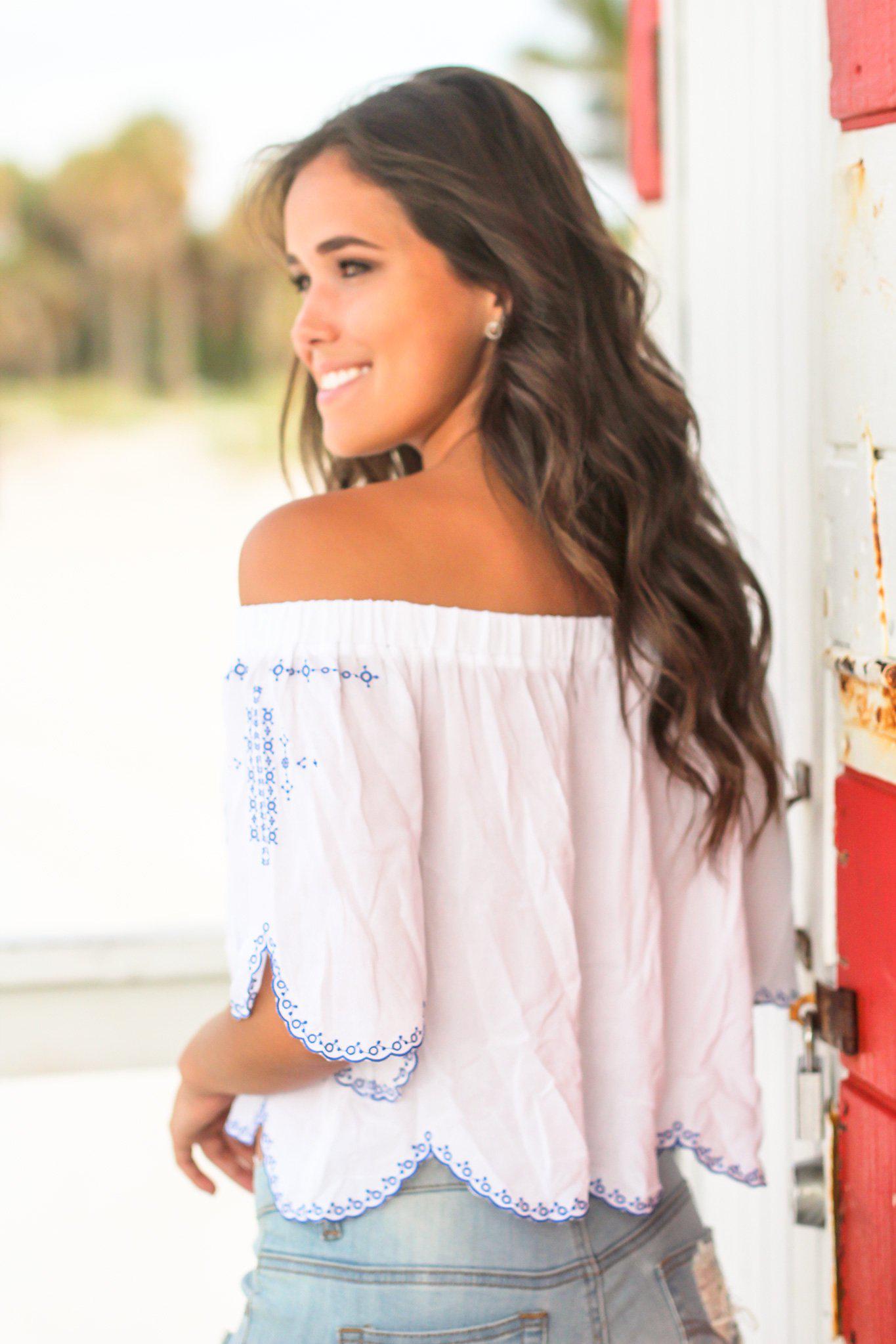 Off White Off Shoulder Top with Blue Embroidery