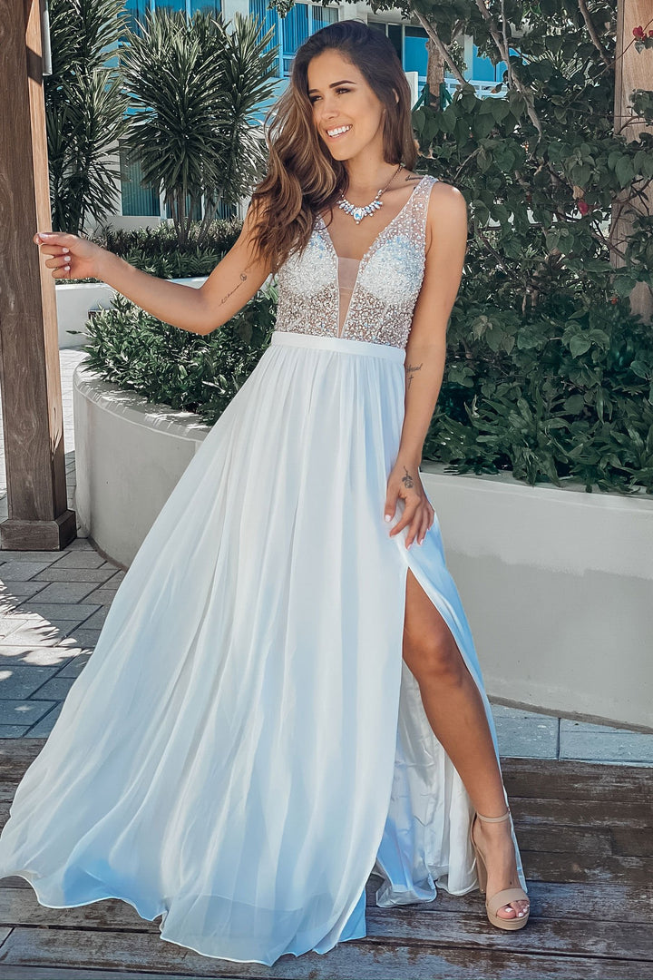 knee length dresses for ladies Sequin Backless Split Maxi Dress, White / M main image 1