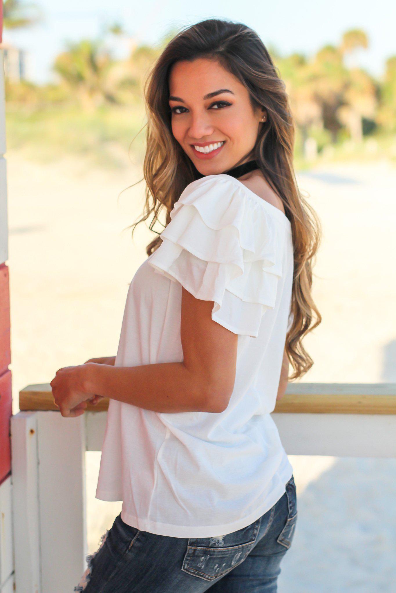 Off White Top with Ruffle Sleeves