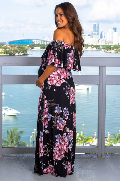 Black Printed Off Shoulder Maxi Dress