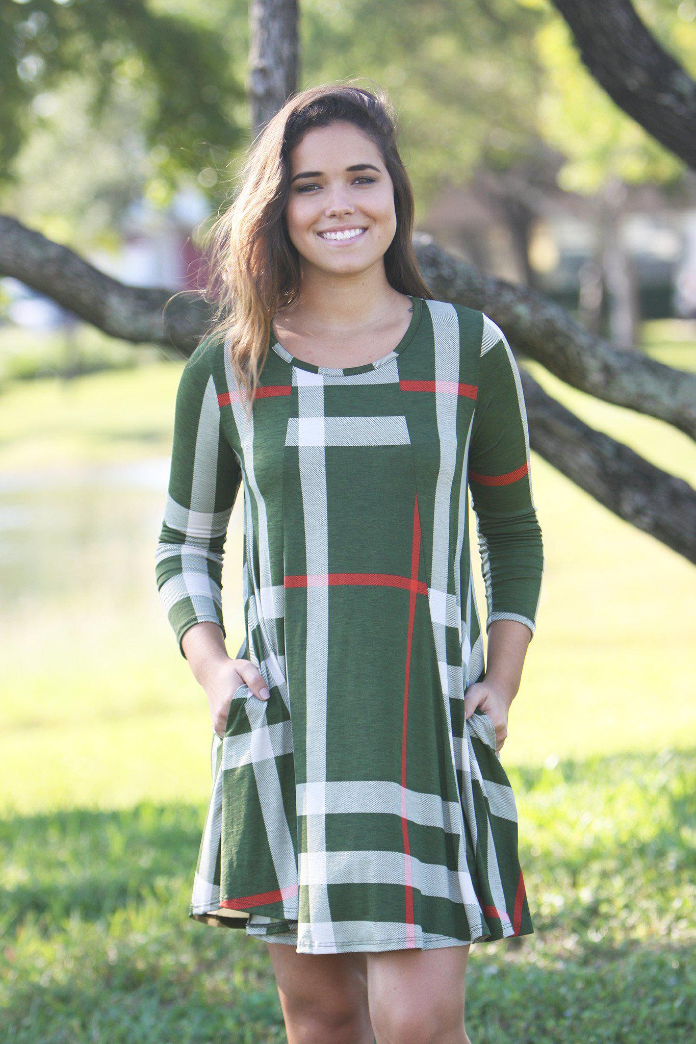 olive check print short dress with 3/4 sleeves