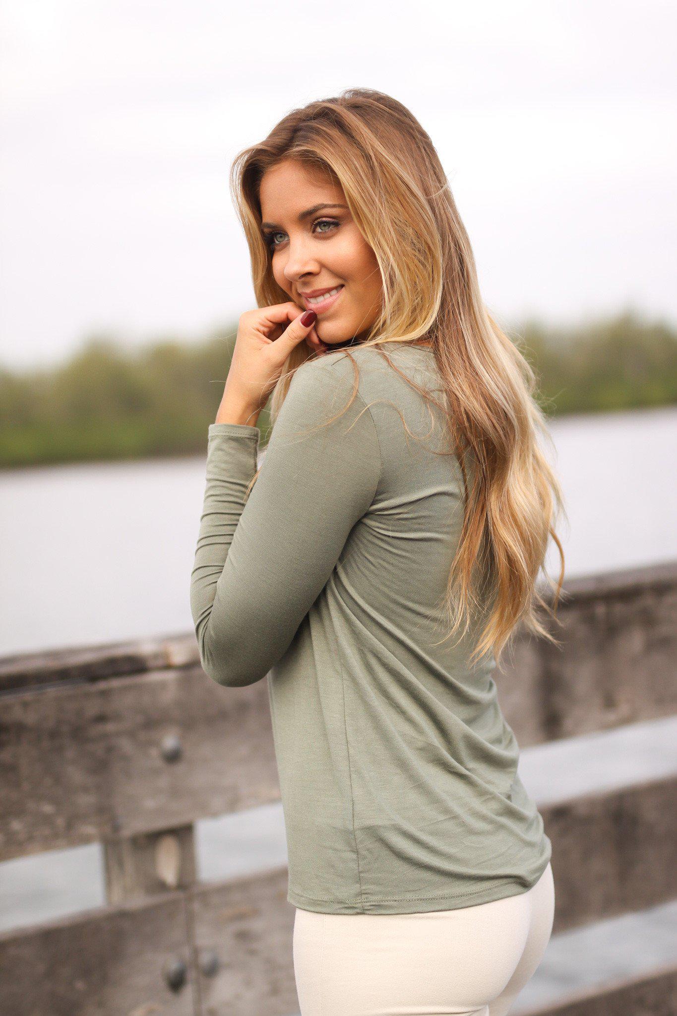 Olive Criss Cross Top with Long Sleeves