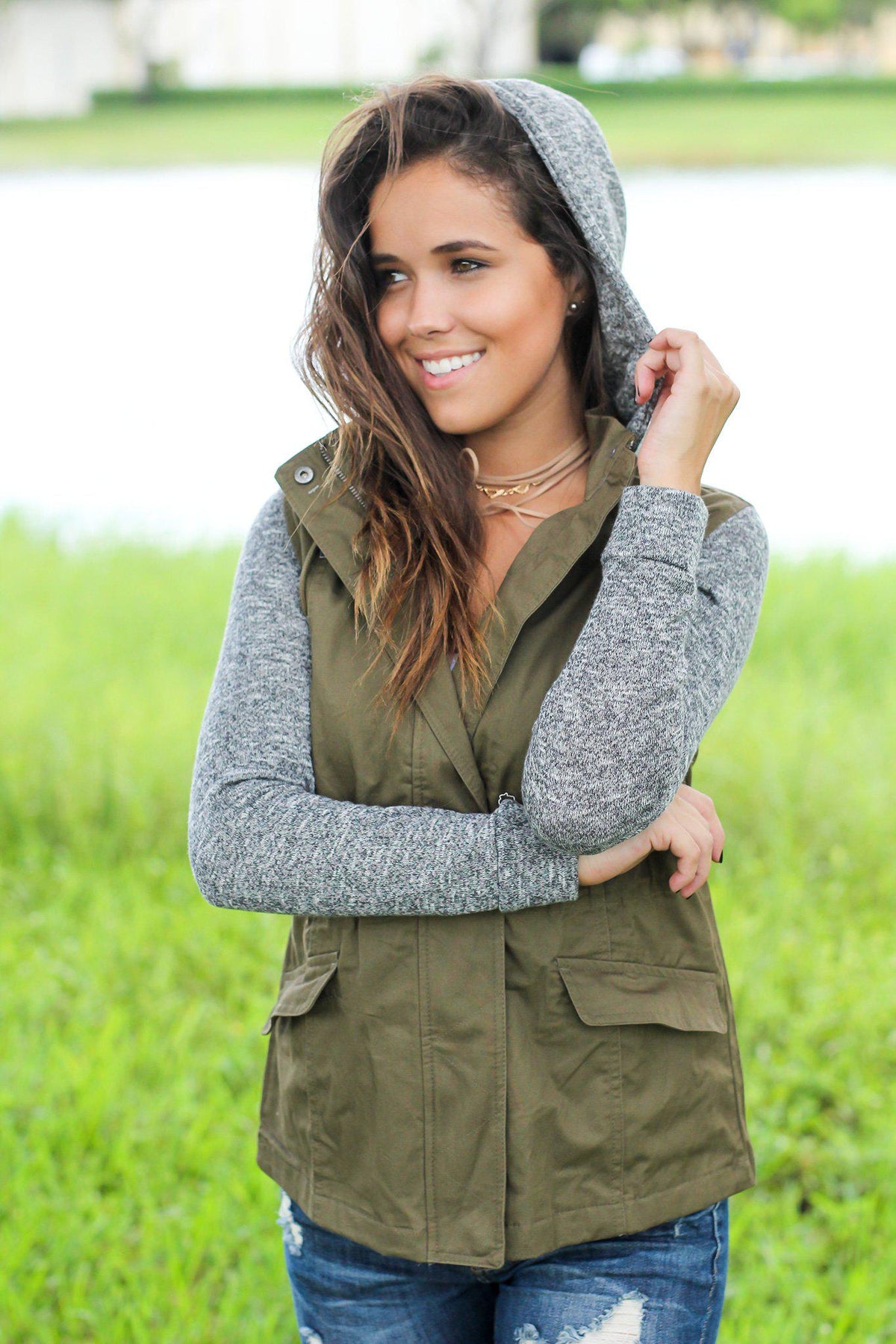 Olive Jacket with Gray Hood and Sleeves | Jackets – Saved by the Dress