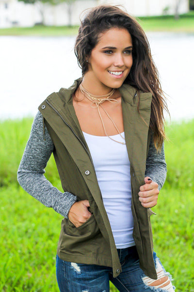 Olive Jacket with Gray Hood and Sleeves