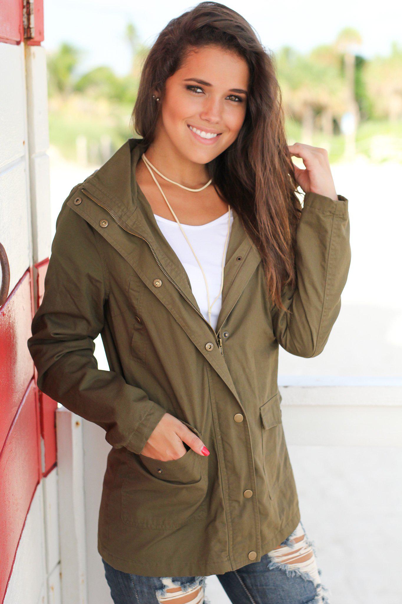 Olive Jacket with Plaid Lined Hood