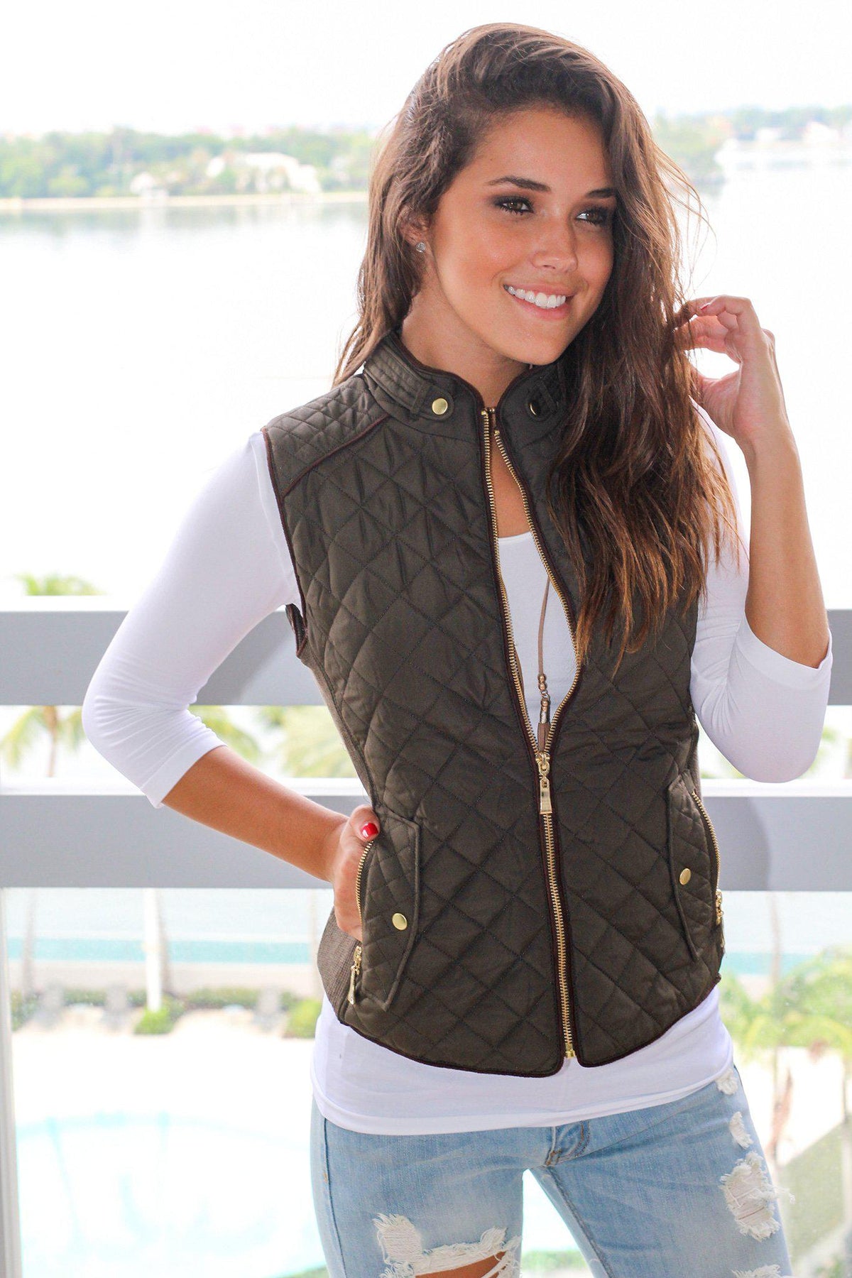 Olive Quilted Vest With Pockets | Cute Vests – Saved by the Dress