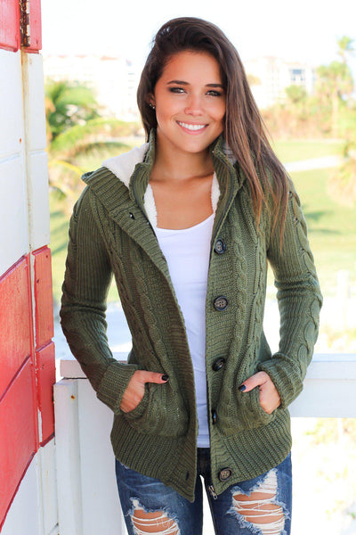 Olive Sweater with Fur Hood