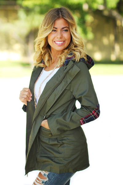 Olive and Plaid Jacket with Hood