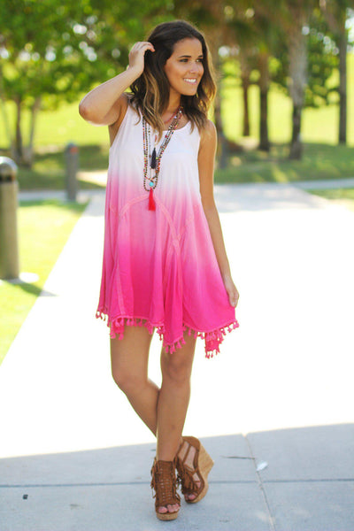 Pink Ombre Short Dress with Tassels