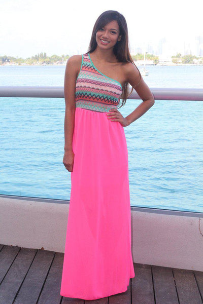 Neon Pink Maxi Dress with One Shoulder Top