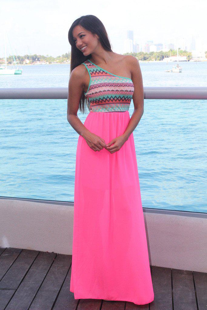 Neon Pink Maxi Dress with One Shoulder Top