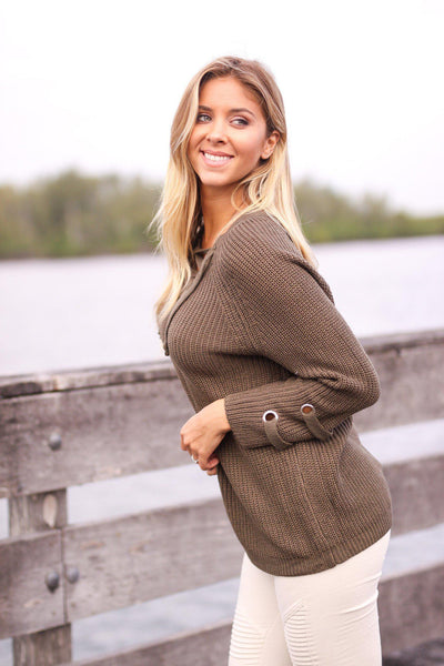 Dark Olive Lace Up Sweater