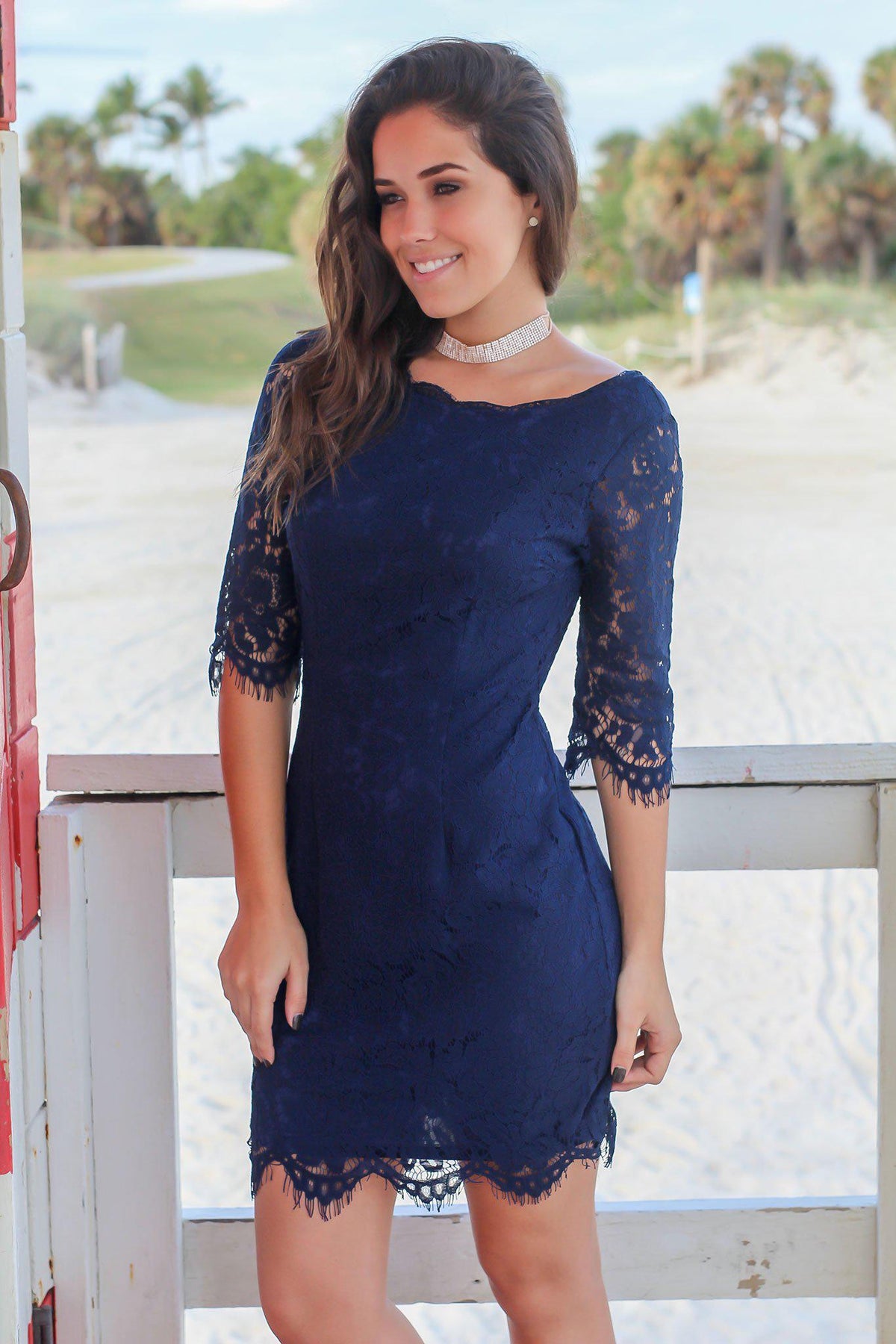Navy Lace Dress with 3/4 Sleeves | Short Dresses – Saved by the Dress