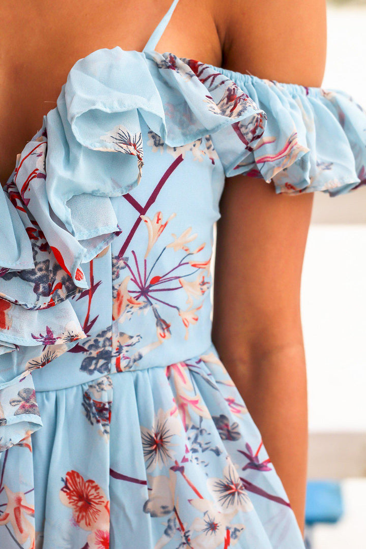 Dusty Blue Floral Short Dress with Ruffles