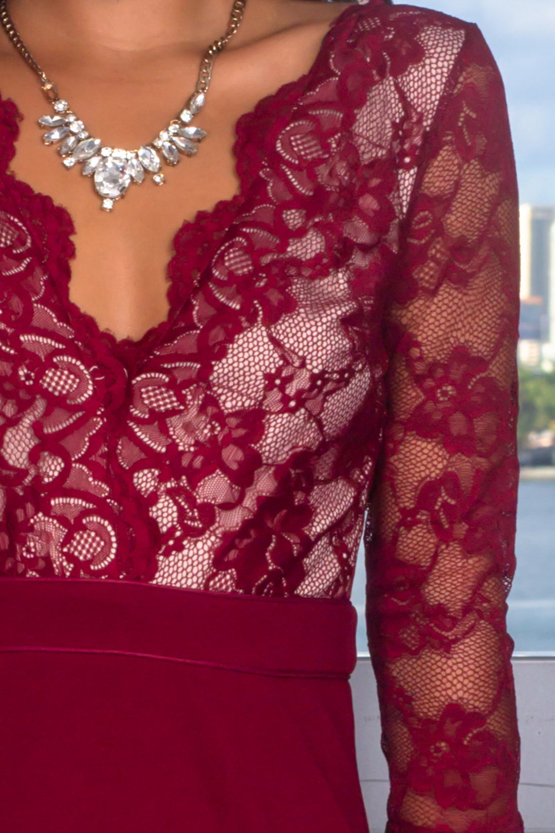 Burgundy Lace Top Maxi Dress with 3/4 Sleeves | Formal Dresses  Saved by  the Dress