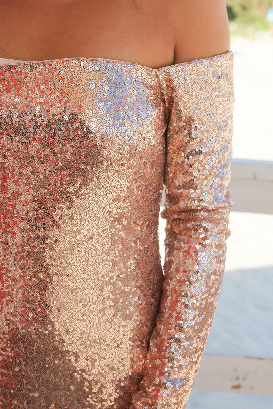 Rose Gold Off Shoulder Sequin Short Dress Short Dresses – Saved