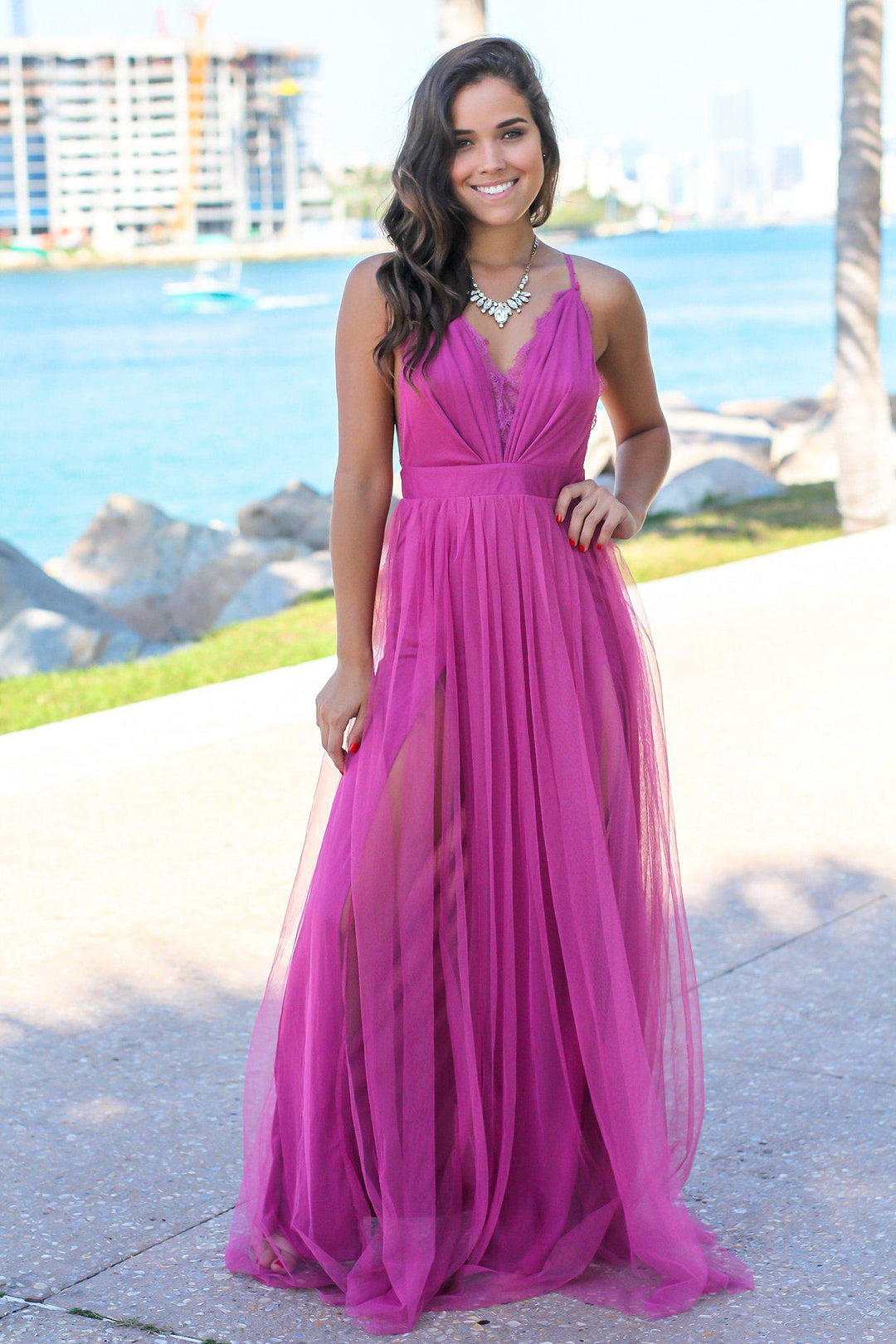 Magenta Tulle Maxi Dress with Lace Detail